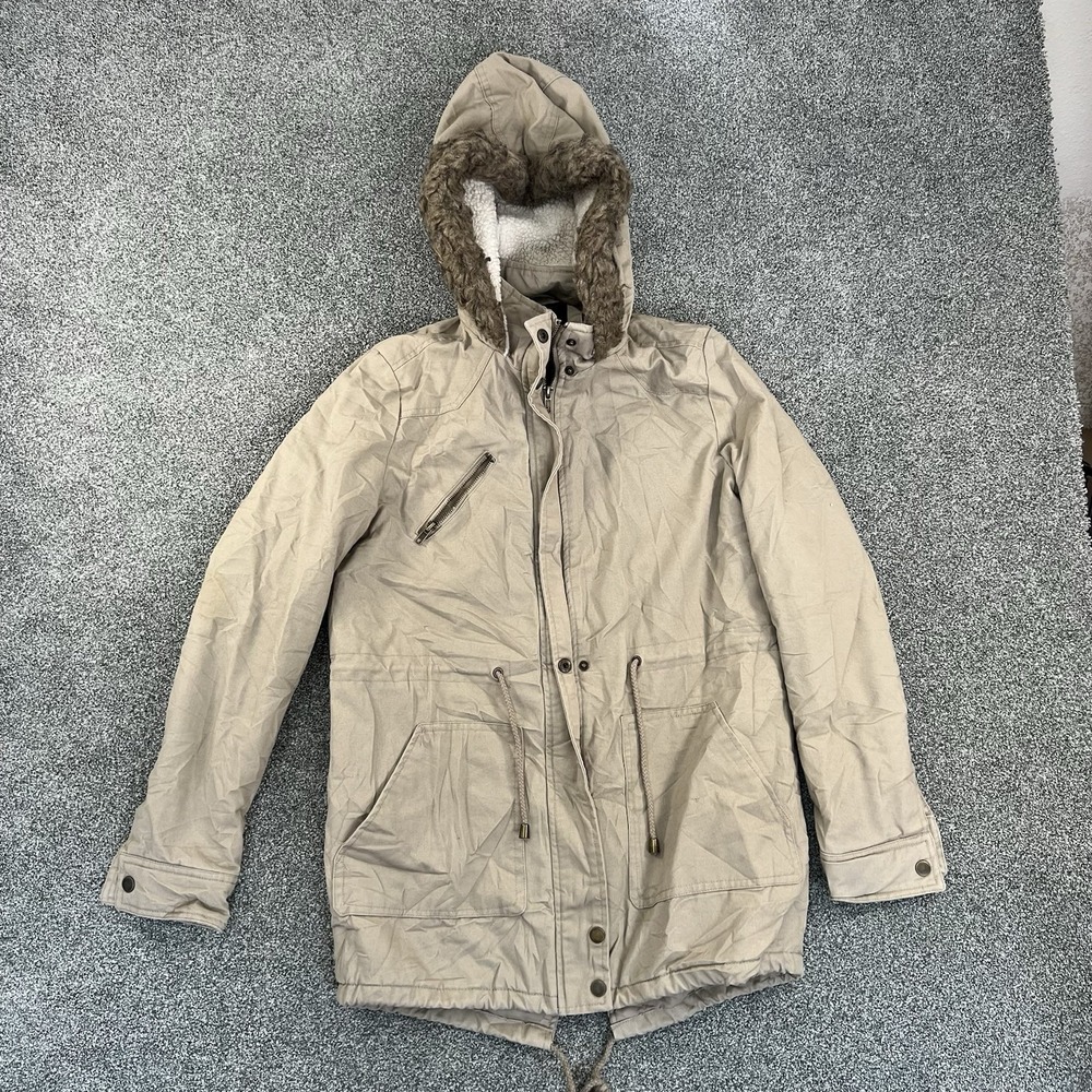 Glamsia Women's Medium Beige Sherpa Lined Hooded Parka Jacket Faux Fur